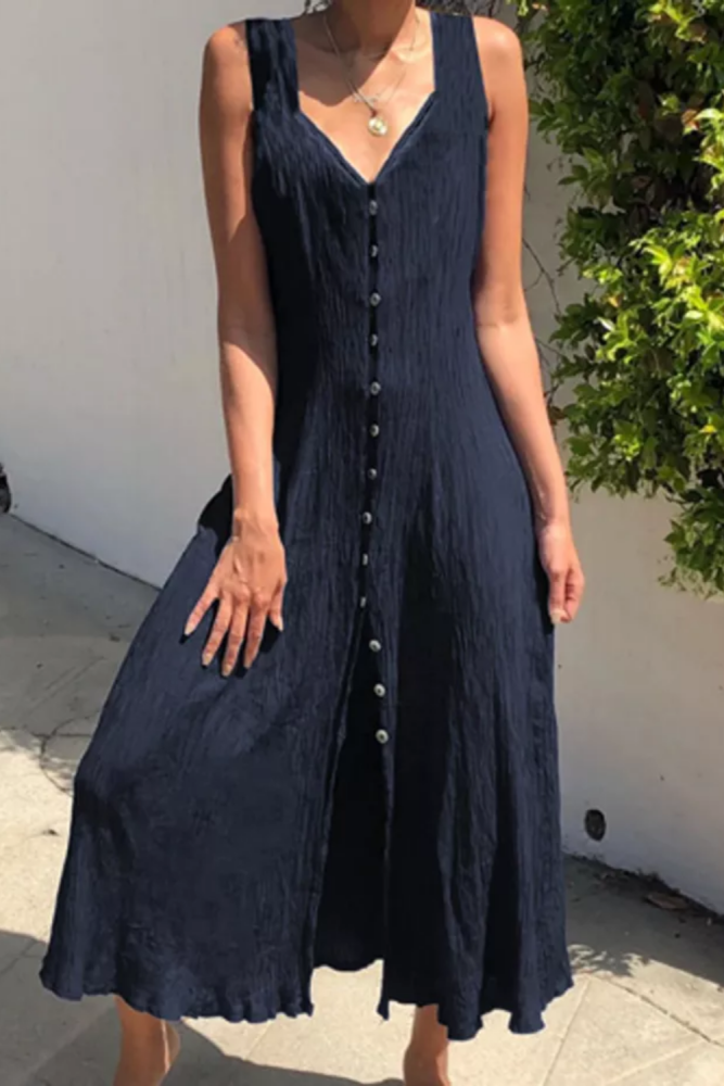 Fashion Linen Vintage V Neck Casual Maxi Dress