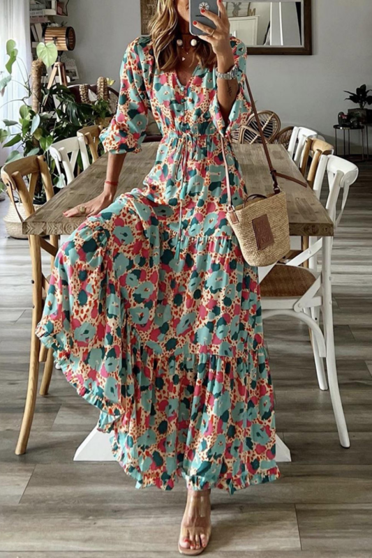 Vintage Boho Print Casual V Neck Waist Lace-up Fashion Maxi Dress