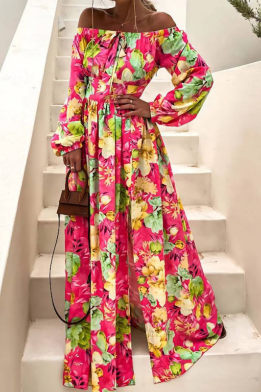 Fashion Long Sleeve Backless Slit Retro Boho Printed Maxi Dress