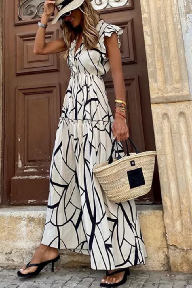 Fashion Ruffle Side Casual V-Neck Maxi Dress