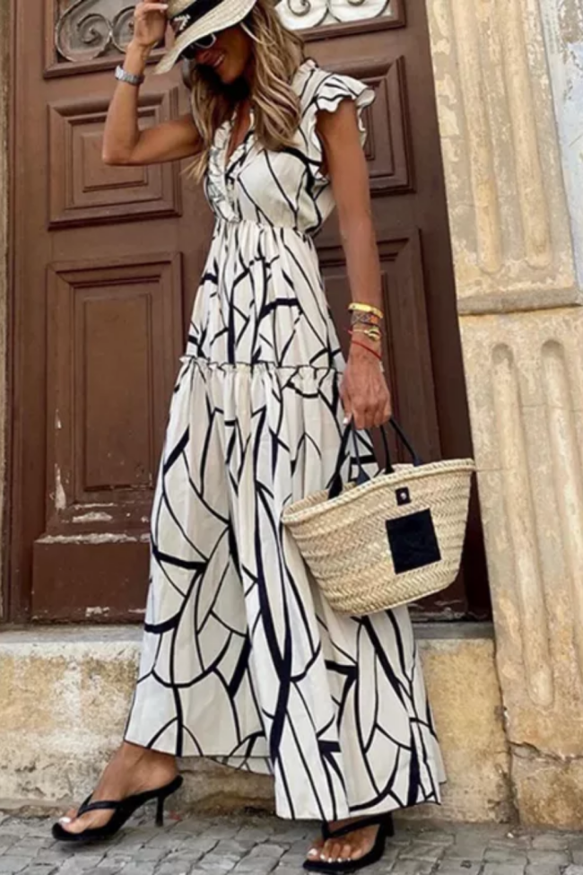 Fashion Ruffle Side Casual V-Neck Maxi Dress
