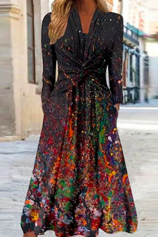 Vintage Floral Print Casual Long Sleeve V-Neck Fashion Dress