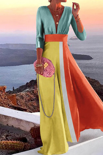 Fashion Deep V Neck Elegant Printed Patchwork Casual Maxi Dress