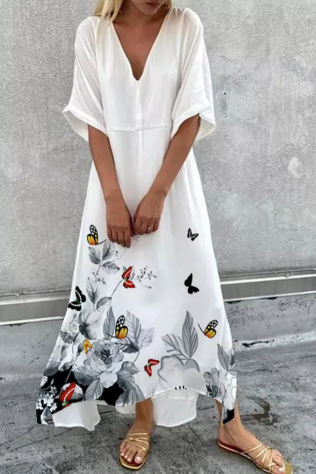 Fashion Printed V Neck Irregular Casual Loose Maxi Dress