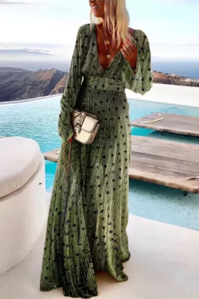 Elegant Print Deep V Neck Fashion Shiny Long Sleeve Maxi Dress
