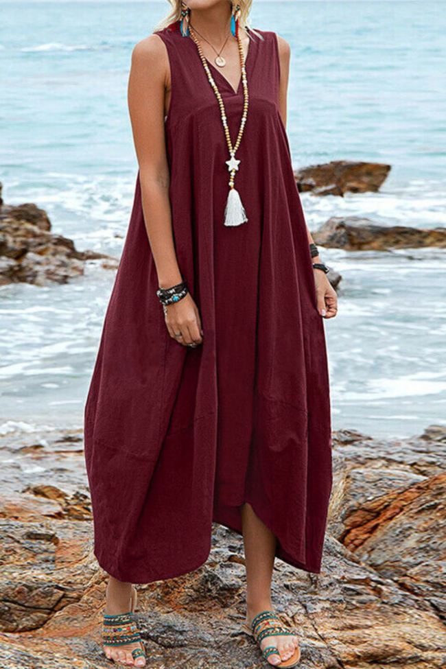 Casual Solid V-Neck Fashion Loose Wedding Guest Dress