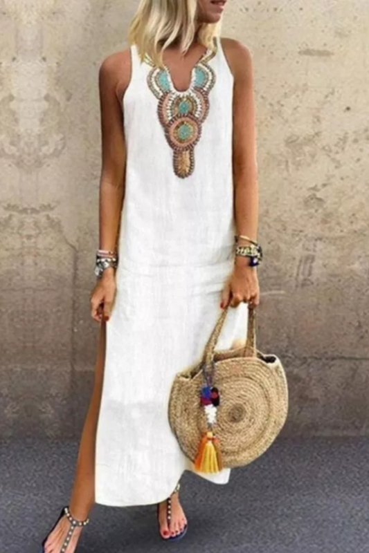 Fashion V-Neck Vintage Boho Print Casual Cotton Wedding Guest Dress