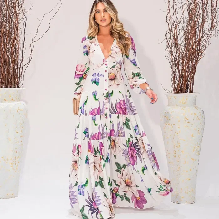 New Temperament V-Neck Long-Sleeve Printed  Wedding Guest Dresses