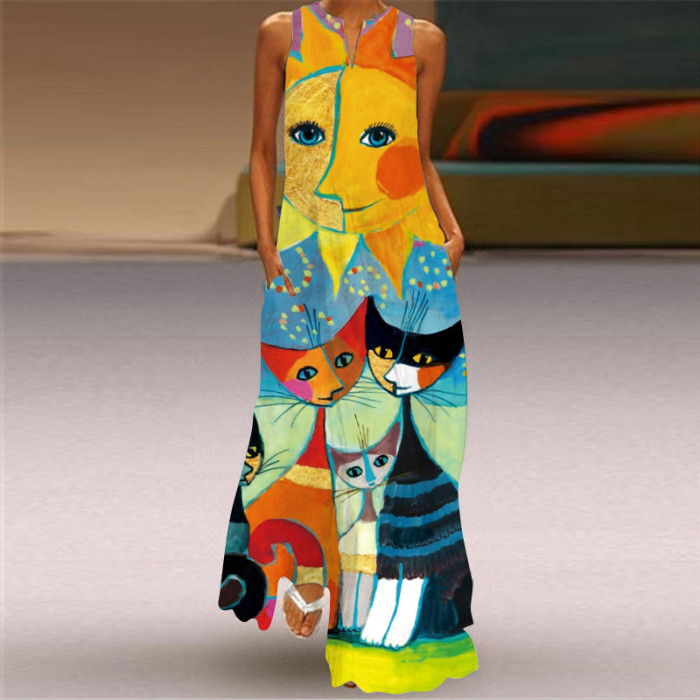 Ladies Casual Printed V Neck Holiday Beach Party Sleeveless A-Line Maxi Dress