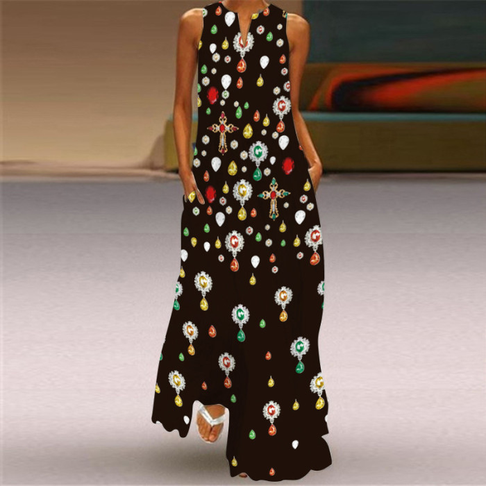 Fashion Long Printed Sleeveless Elegant V Neck Casual Wedding Guest Dresses