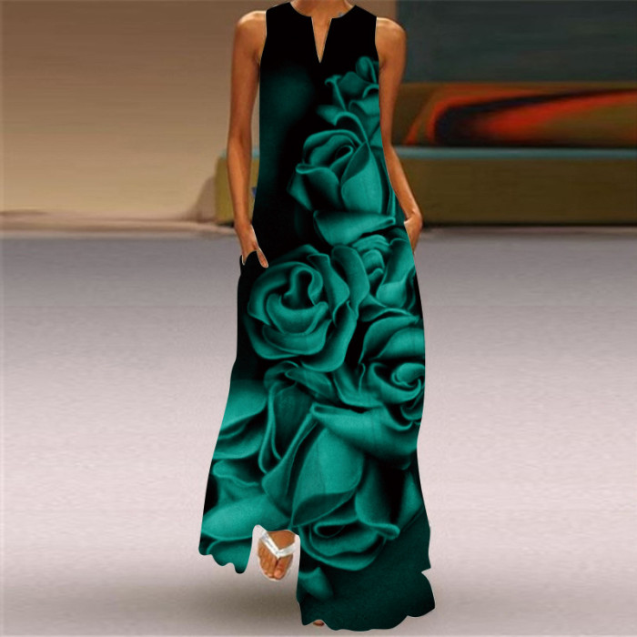 Ladies Casual Printed V Neck Holiday Beach Party Sleeveless A-Line Maxi Dress