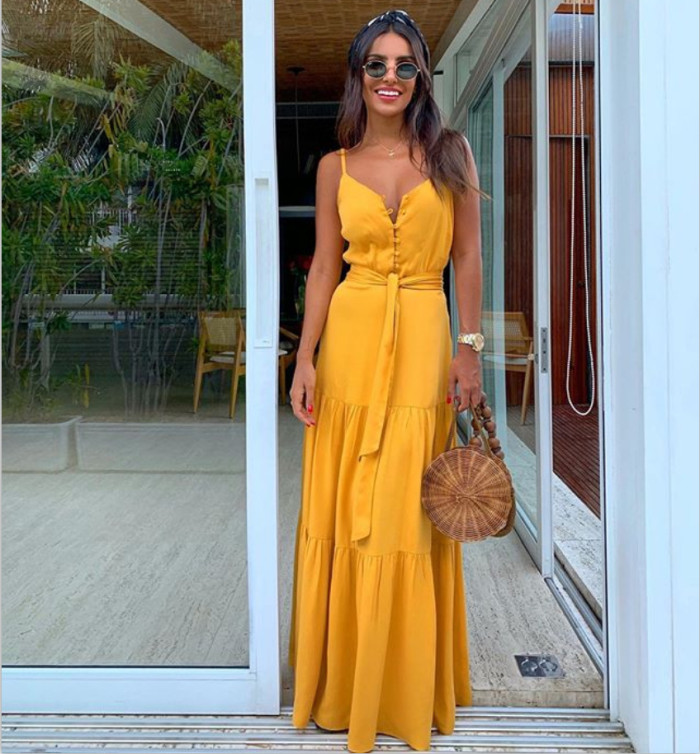 Fashion V Neck Button High Waist Casual Retro Holiday A-Line Party Wedding Guest Dresses