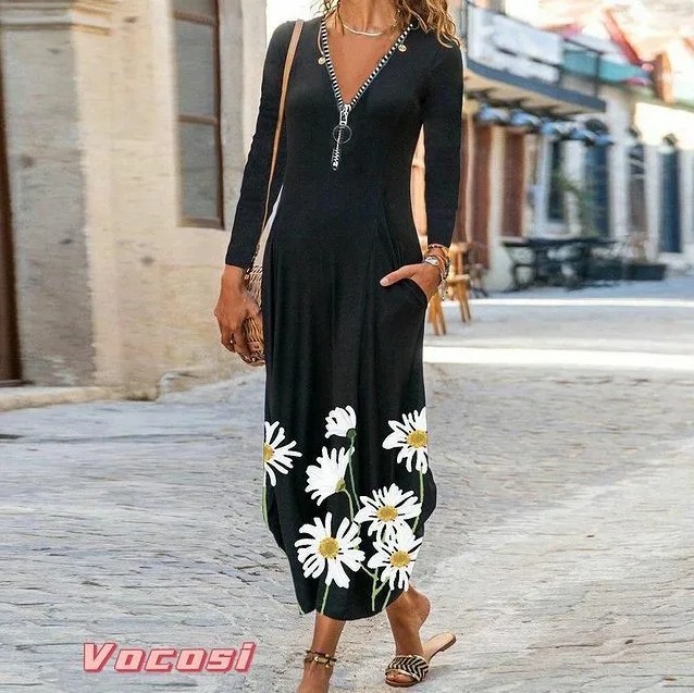 Sexy Boho Print Zipper Long Sleeve Loose Pocke Maxi Dress