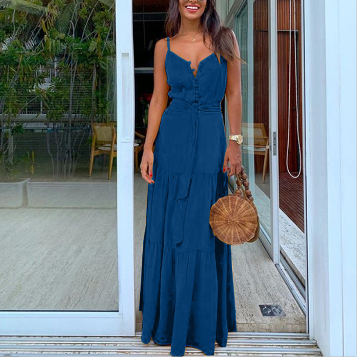 Fashion V Neck Button High Waist Casual Retro Holiday A-Line Party Wedding Guest Dresses