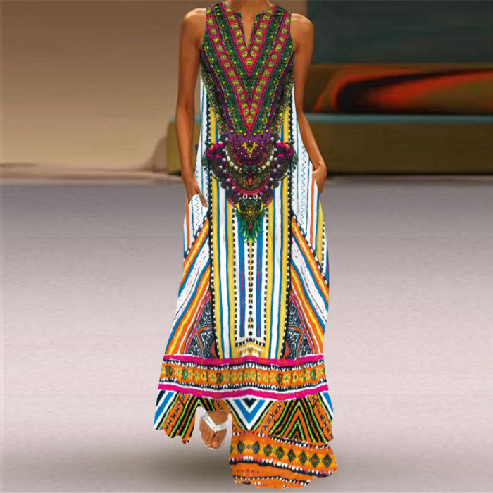 Fashion Long Printed Sleeveless Elegant V Neck Casual Wedding Guest Dresses