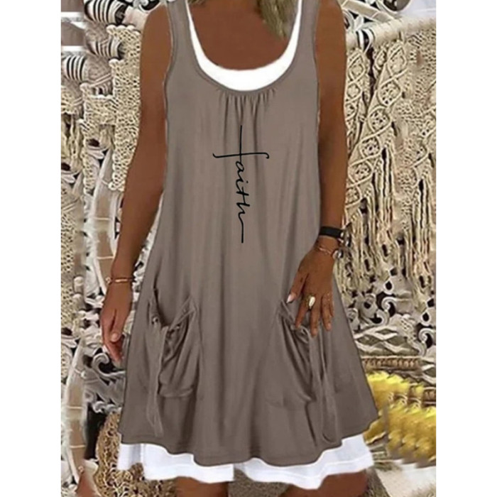 Fashion Print Sleeveless Loose Casual Bohemian Pocket Dress