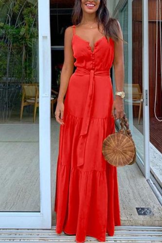 Fashion V Neck Button High Waist Casual Retro Holiday A-Line Party Wedding Guest Dresses