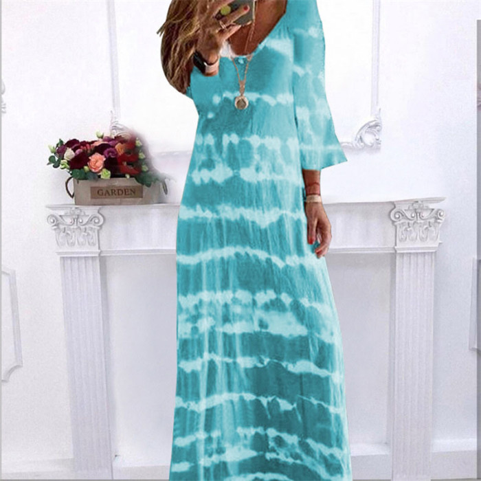 Fashionable V-neck Loose Casual Tie-Dye Printed Stripe  Maxi Dress
