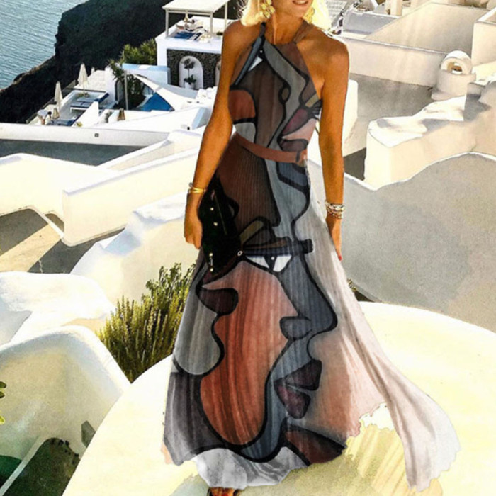 Vintage Print Loose Sexy Backless O-Neck Bohemian Fashion Elegant Wedding Guest Dresses