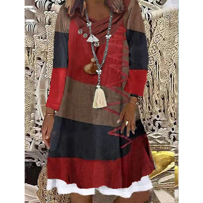 Trendy Bohemian Geometric Print Long Sleeves False Two Piece Casual Dress