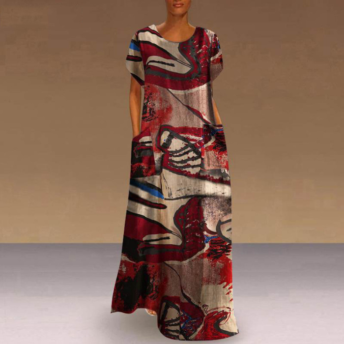 Fashion Elegant O Neck Boho Party Casual Vintage Print Maxi Dress