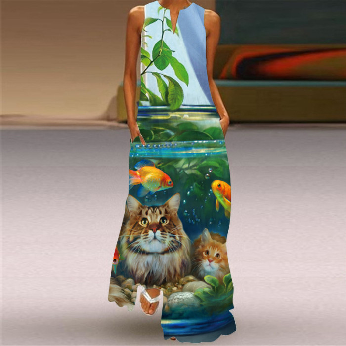 Trendy Sleeveless Print Beach Elegant V Neck Boho Party Wedding Guest Dresses