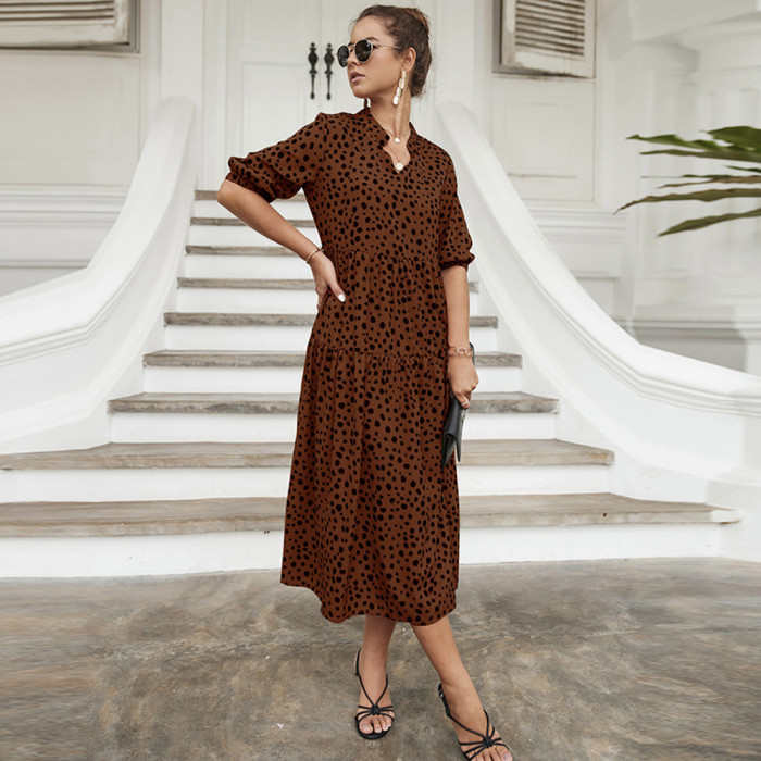 Polka-Dot V-Neck Loose Elegant High-Rise A-Line Ruffle Midi Dress