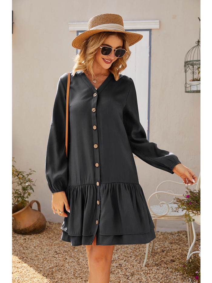 V Neck Button Long Sleeve Solid Color Mini Fashion Loose Casual Dress