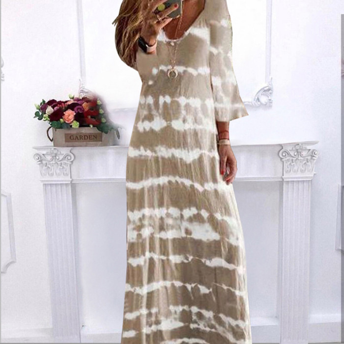Fashionable V-neck Loose Casual Tie-Dye Printed Stripe  Maxi Dress