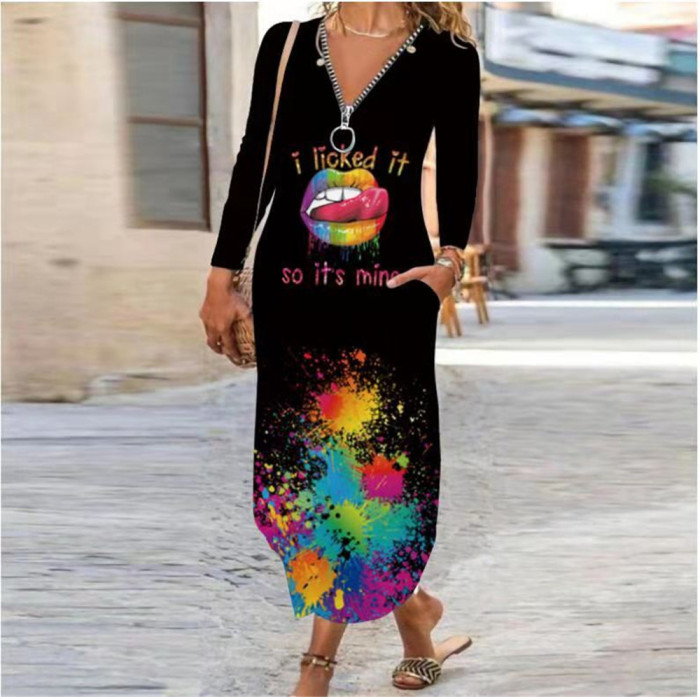 Sexy Boho Print Zipper Long Sleeve Loose Pocke Maxi Dress