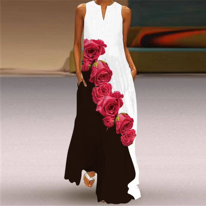 Fashion Long Printed Sleeveless Elegant V Neck Casual Wedding Guest Dresses