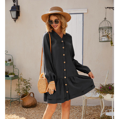 V Neck Button Long Sleeve Solid Color Mini Fashion Loose Casual Dress