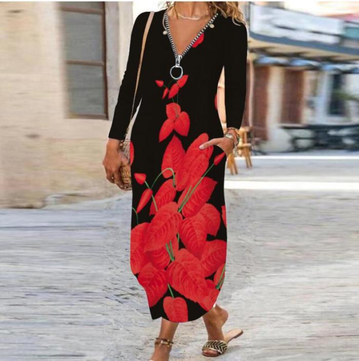Sexy Boho Print Zipper Long Sleeve Loose Pocke Maxi Dress