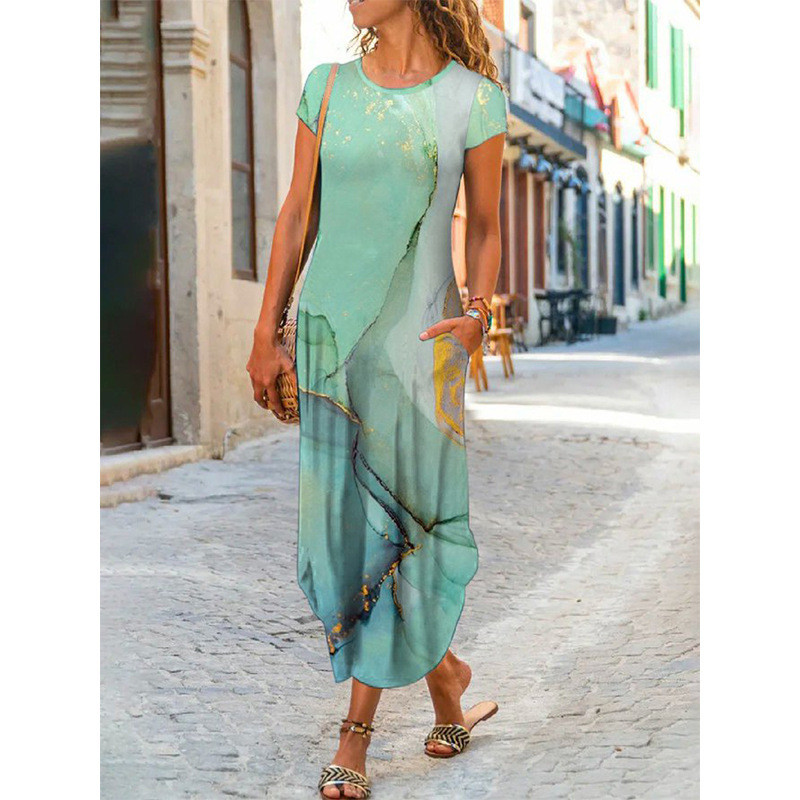 Slim Fit O-Neck Printed Bohemian Relaxed Linen  Maxi Dress