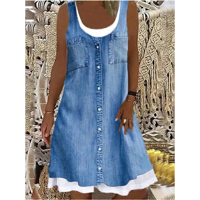 Butterfly Print Sleeveless Fake Two-piece Loose Casual Dress