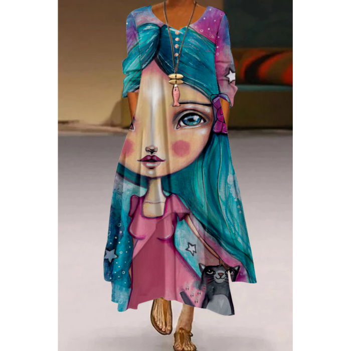 Vintage Art Print Ruffle Elegant Long Sleeve Fashion Loose V Neck  Wedding Guest Dresses