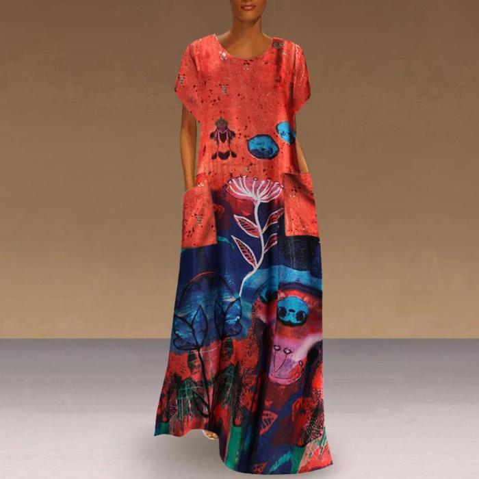 Fashion Elegant O Neck Boho Party Casual Vintage Print Maxi Dress
