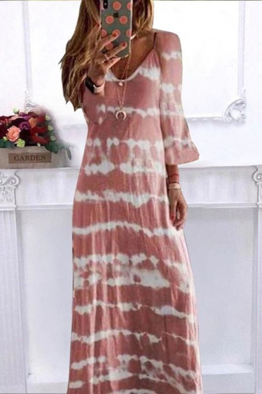 Fashionable V-neck Loose Casual Tie-Dye Printed Stripe  Maxi Dress