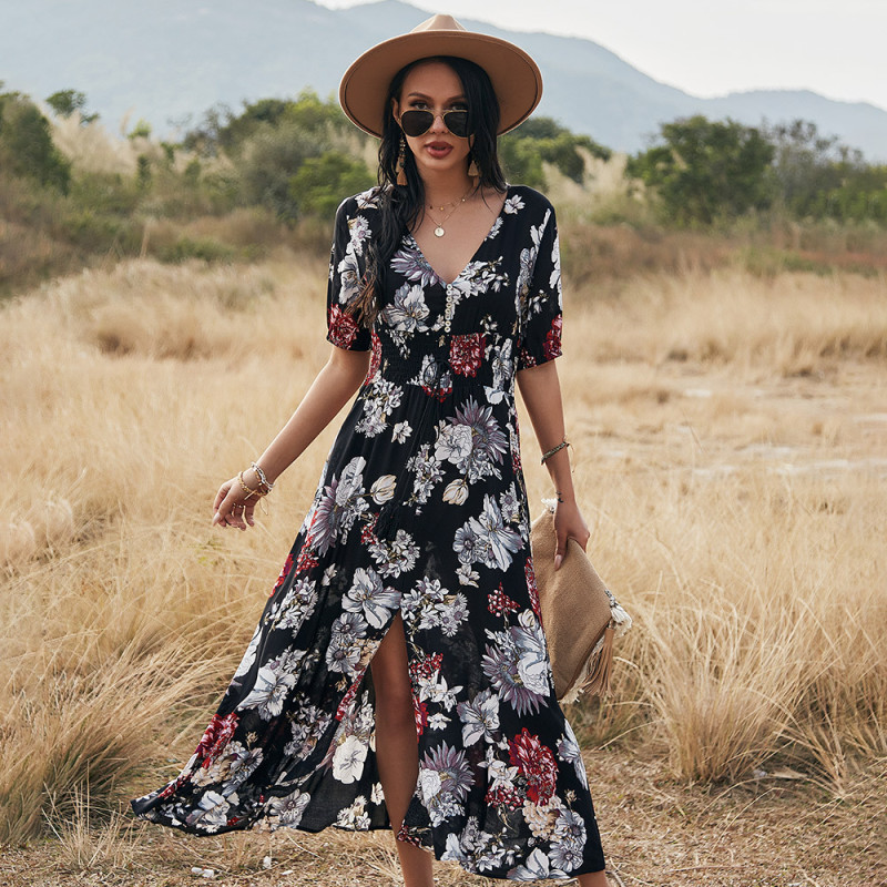 Sexy Floral Print V Neck Button Fitted Fringe Boho Wedding Guest Dresses