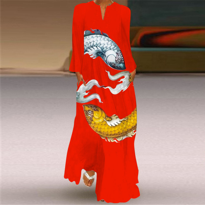 Vintage Print Fashion V Neck Long Sleeve Pocket Party Maxi Dress