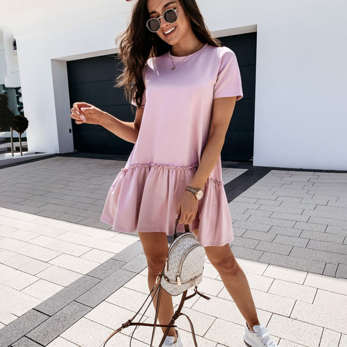 Loose Short Sleeve Mini O-Neck Ruffle A-Line  Casual Dress