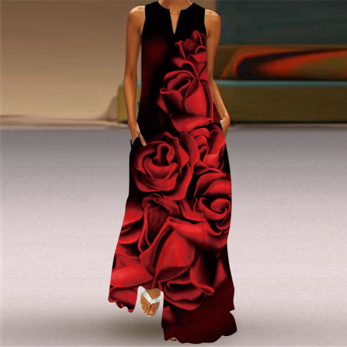 Ladies Casual Printed V Neck Holiday Beach Party Sleeveless A-Line Maxi Dress