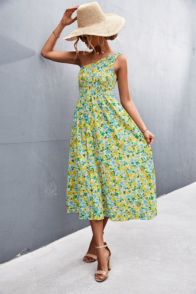 Sexy One Shoulder Floral Print Beach Sleeveless Elastic High Waist Boho Wedding Guest Dresses
