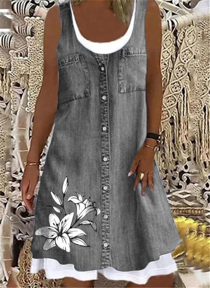 Fashion Fake Two-piece Sleeveless Shirt Print Polka Dot Casual Dress