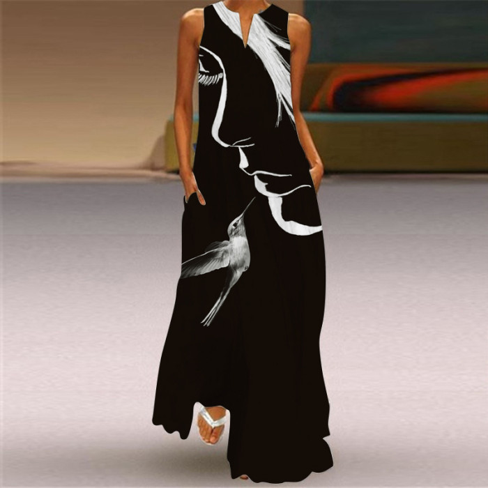 Ladies Casual Printed V Neck Holiday Beach Party Sleeveless A-Line Maxi Dress