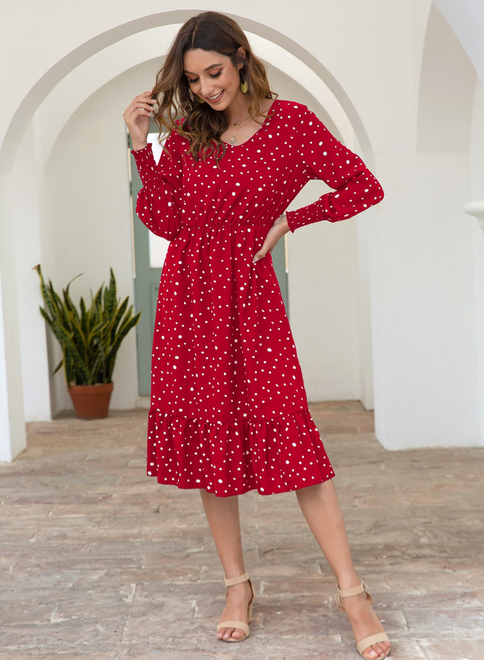 Polka Dot Print Casual V Neck Long Sleeve Fashion Bohemian Wedding Guest Dress