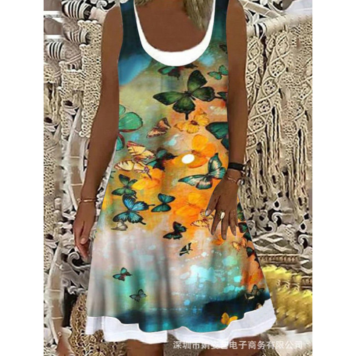 Fashion Butterfly Print Fake Two Piece Tank Top Bohemian Casual Dress