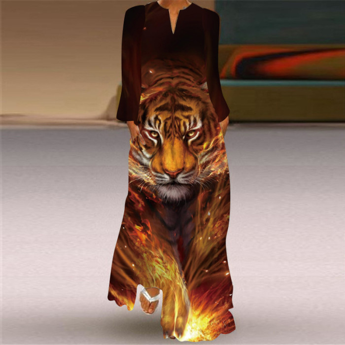Vintage Print Fashion V Neck Long Sleeve Pocket Party Maxi Dress