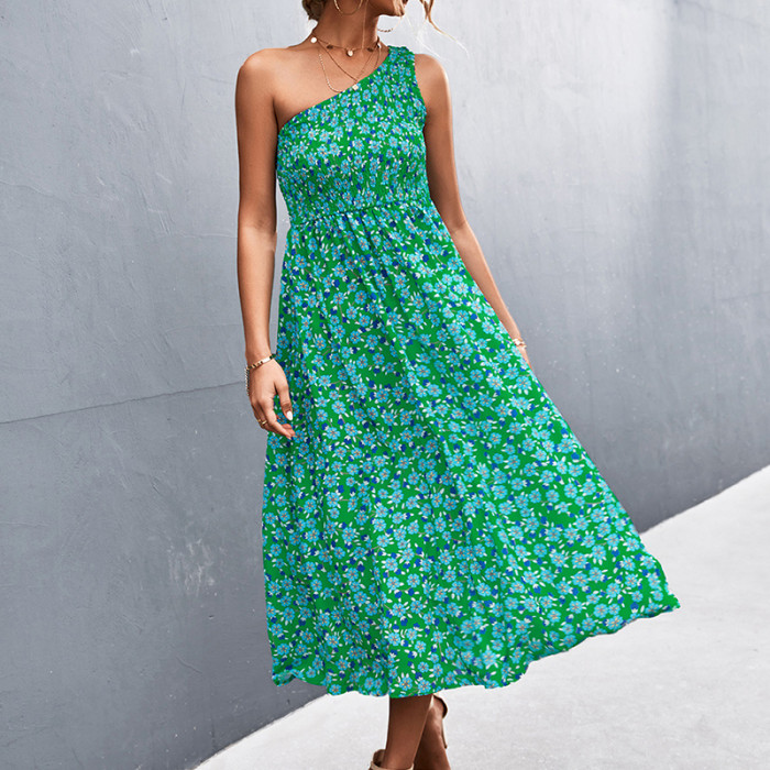Sexy One Shoulder Floral Print Beach Sleeveless Elastic High Waist Boho Wedding Guest Dresses