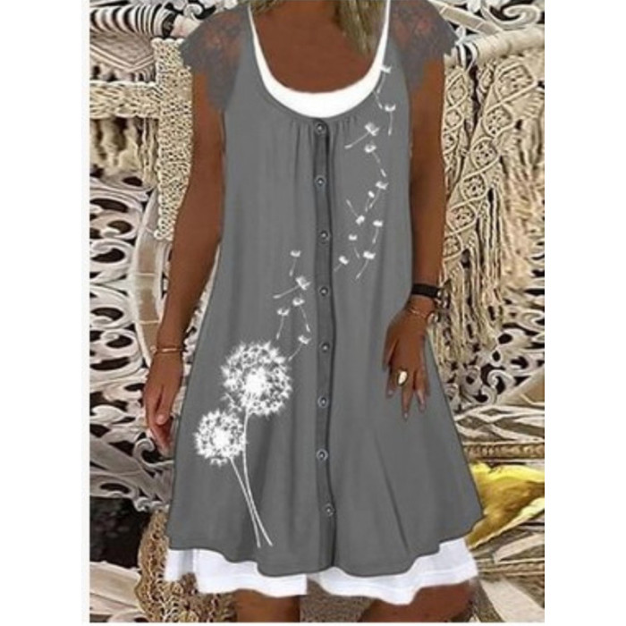 Sexy Lace Button O-Neck Print Casual Two-Piece Dress